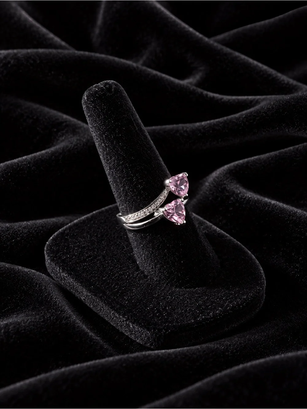 Silver Double Connected Pink Heart Ring with Clear Crystal Accents
